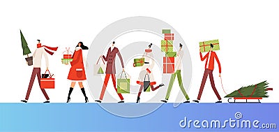 Group of people go together and carry New Year`s purchases, gifts and spruce. Christmas shopping Vector Illustration
