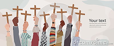 Group of people hands raised holding a crucifix. Christian worship. Faith and hope in Jesus Christ Stock Photo