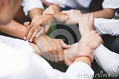 Group people hands were collaboration to trust in business success concept of teamwork partnership in company. Stock Photo