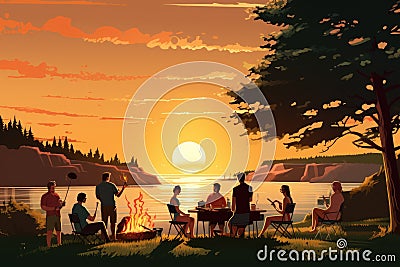 Group of people having picnic in the park at sunset. Vector illustration, A group of people at a barbecue at sunset, Summer Cartoon Illustration