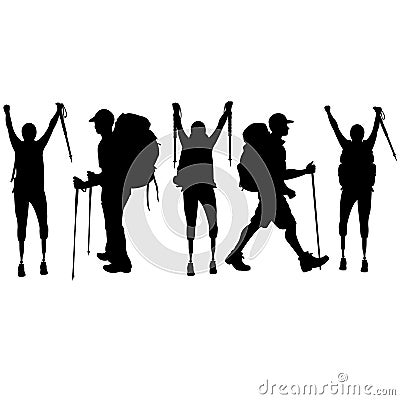 Group of people hiking, men and women with disabilities. Set of black silhouettes on a white isolated background Vector Illustration