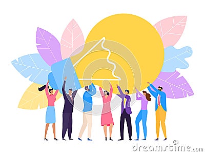 Group people hold huge lamp new idea vector Illustration. Success in business rely on teamwork, creative problem solving Vector Illustration