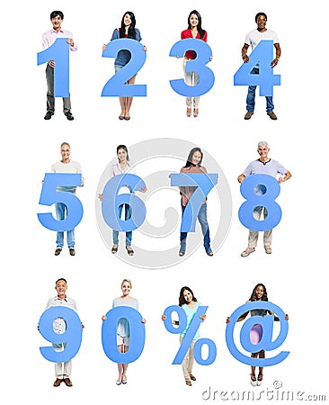 Group of People Holding Blue Numeral in a Row Stock Photo