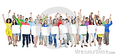 Group of People Holding 10 Empty Placards Stock Photo