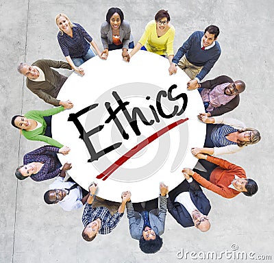 Group of People Holding Hands Around Letter Ethics Stock Photo