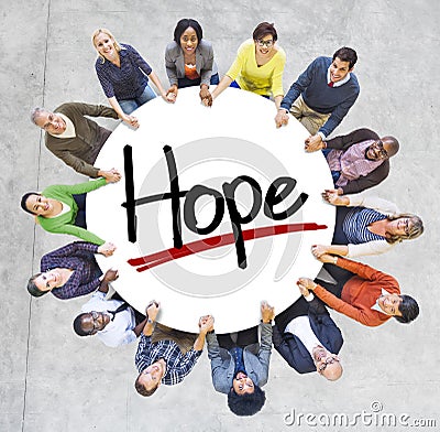 Group of People Holding Hands Around Letter Hope Stock Photo