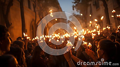 A group of people holding torches with flames coming out of them Stock Photo