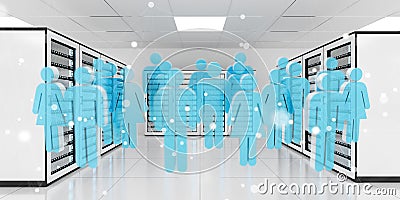 Group of people icons flying over server room data center 3D rendering Stock Photo