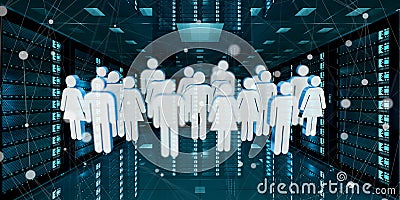 Group of people icons flying over server room data center 3D rendering Stock Photo