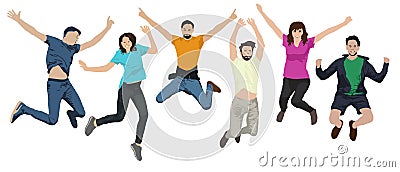 Group of people in a jump. Cheerful youth in the air on trampolines. Friends are jumping. Happy young people. Vector illustration Vector Illustration