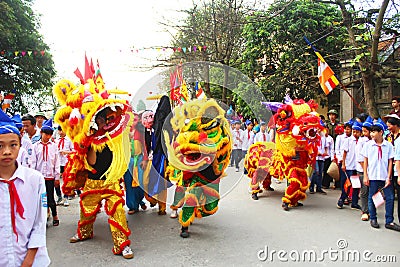 Group of people lion dance on the streets Editorial Stock Photo