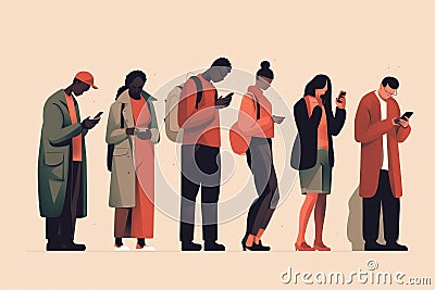 Group of people looking at their phone screens. Men and women checking their smartphones. Social media addiction. Indifference to Stock Photo