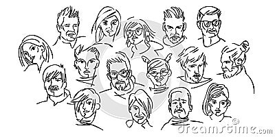 Group of people. Lots of different avatars. Portraits of men and women. Black and white flat people character design. Line Cartoon Illustration