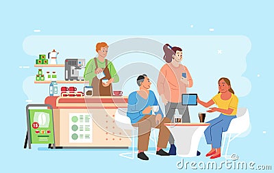 Group of people man and woman Drink coffee and Working in Coffeshop. Barista and customer in small coffee shop Coworking Vector Illustration