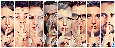 Group of people men women with finger on lips gesture Stock Photo