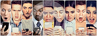 Group of people men and women looking shocked at mobile phone Stock Photo