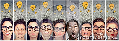 Group of people men and women with many ideas light bulbs above head looking up. Stock Photo
