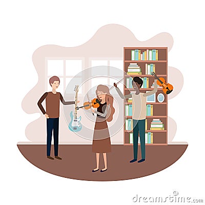 Group of people with musical instruments in living room Vector Illustration