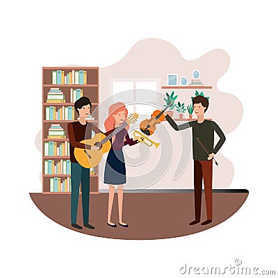 Group of people with musical instruments in living room Vector Illustration