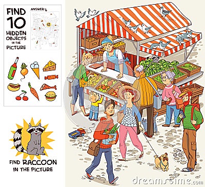 Group of people near the trade tent. Find 10 hidden objects Vector Illustration