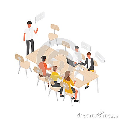 Group of people or office workers sitting at table and talking to each other. Work meeting, formal discussion, team Vector Illustration