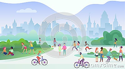 Group of people performing sports activities at park. Doing gymnastics exercises, jogging, talking and walking, riding Vector Illustration