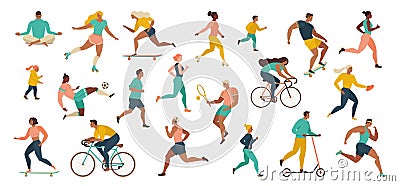 Group of people performing sports activities at park doing yoga and gymnastics exercises, jogging, riding bicycles, playing ball Vector Illustration