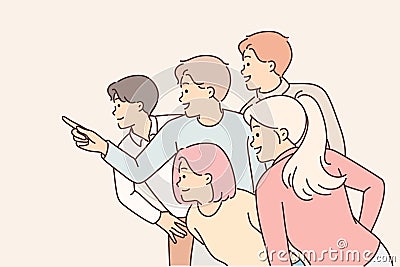 Group of people point finger to side and look at something amazing and eye-catching with smile Vector Illustration