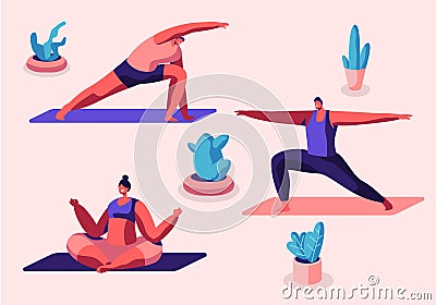 Group of People Practicing Yoga Sitting on Mats in Gym Studio, Yogi Men and Women Doing Padmasana Exercise, Lotus Pose Vector Illustration