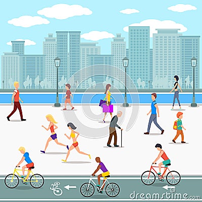 Group of people promenade on city river street Vector Illustration