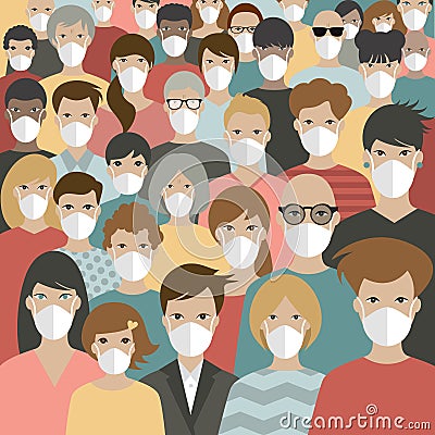 Group of people protecting from covid 19, corona by wearing masks. Isolated on white Vector Illustration