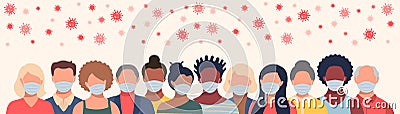 Group of people in protective masks and flying coronavirus in flat style. Men and women wearing medical masks to prevent Vector Illustration