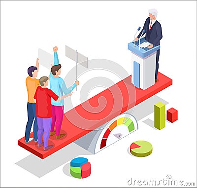 Group of people protesters with placards and politician, vector isometric illustration. Political protest strike crisis. Vector Illustration