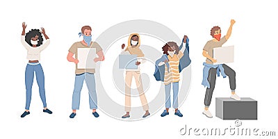 Group of people protesting vector flat illustration. Young men and women holding empty placards and protesting. Vector Illustration