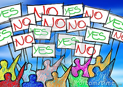 A group of people protesting writing `yes and no` on their billboards - concept illustration Cartoon Illustration