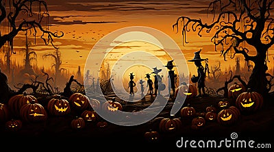 group of people with pumpkins and scarecrows, in the style of flowing silhouettes, comic Stock Photo