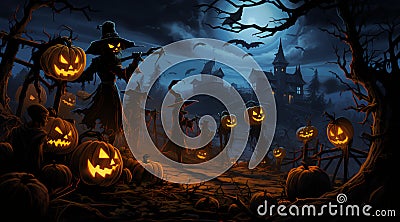 group of people with pumpkins and scarecrows, in the style of flowing silhouettes, comic Stock Photo
