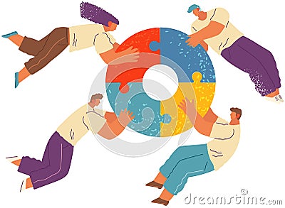 Group of people putting puzzle pieces assembling jigsaw puzzle. Teamwork and bussiness concept Vector Illustration