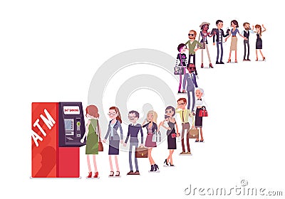 Group of people queuing in a line near ATM Vector Illustration