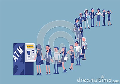 Group of people queuing in a line near ATM Vector Illustration