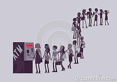 Group of people queuing in a line near ATM Vector Illustration