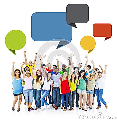 Group of People Raising Hands with Speech Bubbles Stock Photo