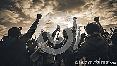 Group of people raising their hands in the air, grasping hand. Stock Photo