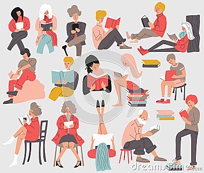 Group of people reading books. Men and women, young and old, sitting, standing and laying down and reading a book. Isolated Vector Illustration