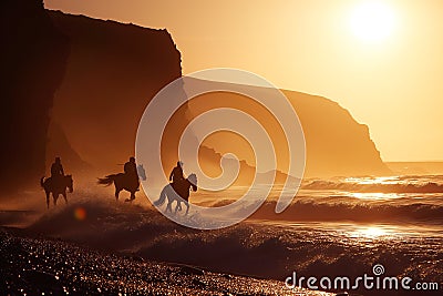 Group of people riding horses in beautiful Irish landscape on dramatic sunset. Tourists admiring scenic view while on horseback Stock Photo