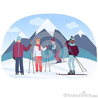 A group of people riding skies in the mountains vector illustration. Ski people. Vector Illustration