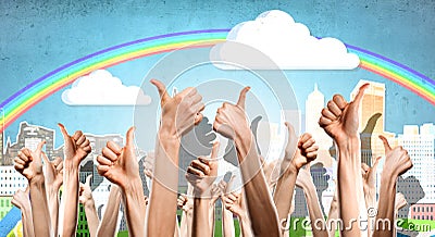 Group of people rise hands . Mixed media Stock Photo