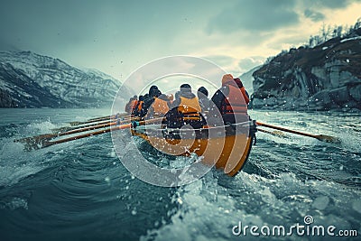 A group of people rowing a boat through a rough sea Stock Photo