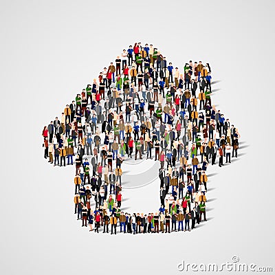 A group of people in a shape of house icon, isolated on white background. Vector Illustration