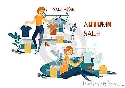 Group of people. Shopping. Purchases. Online shoping Vector Illustration